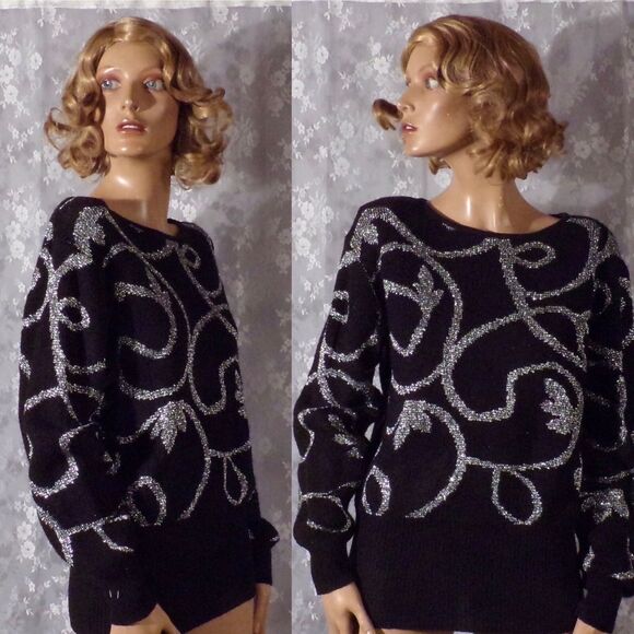 Vintage 80s Sweater 1980s Black Silver Whimsygoth New Wave Retro Size Large - Picture 1 of 5